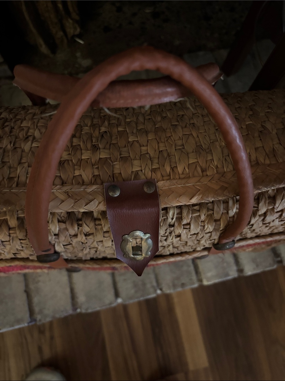 Vintage Woven Straw Tote with Brown Leather Handles - Picture 2 of 7